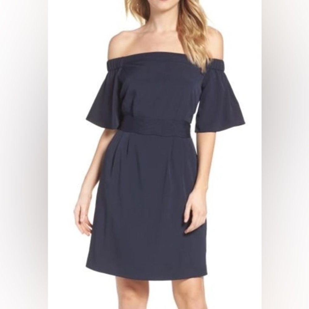 ELIZA J Size 14 Navy Blue Off The Shoulder Obi Dress Pockets Zip Womens